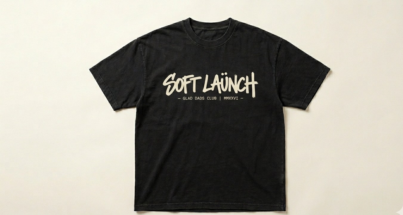 Soft Laünch tee, front view, faded black heavyweight cotton with cream marker-script chest print.