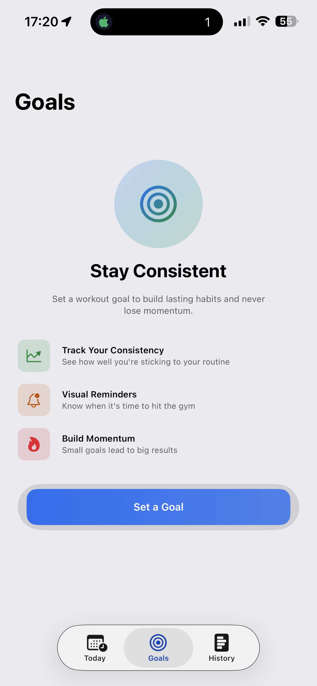 Goals screen with workout consistency tracking